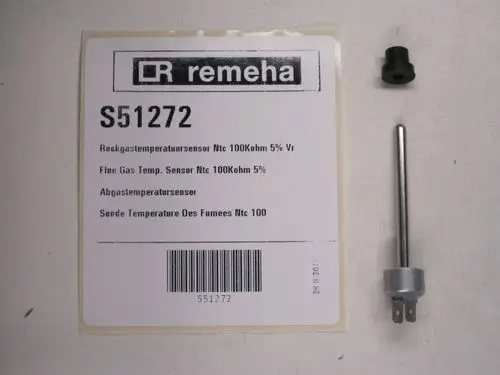 Remeha Abgastemperatursensor mit Anschlussstecker, metallischer Sensorstift und Verpackung mit Artikelnummer S51272 und technischen Angaben in mehreren Sprachen.